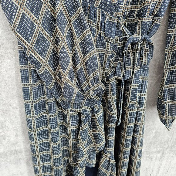 dRA Los Angeles Cicero Wrap Dress S Blue Brown Ruffled Lined Long Sleeve Retro - Picture 6 of 15